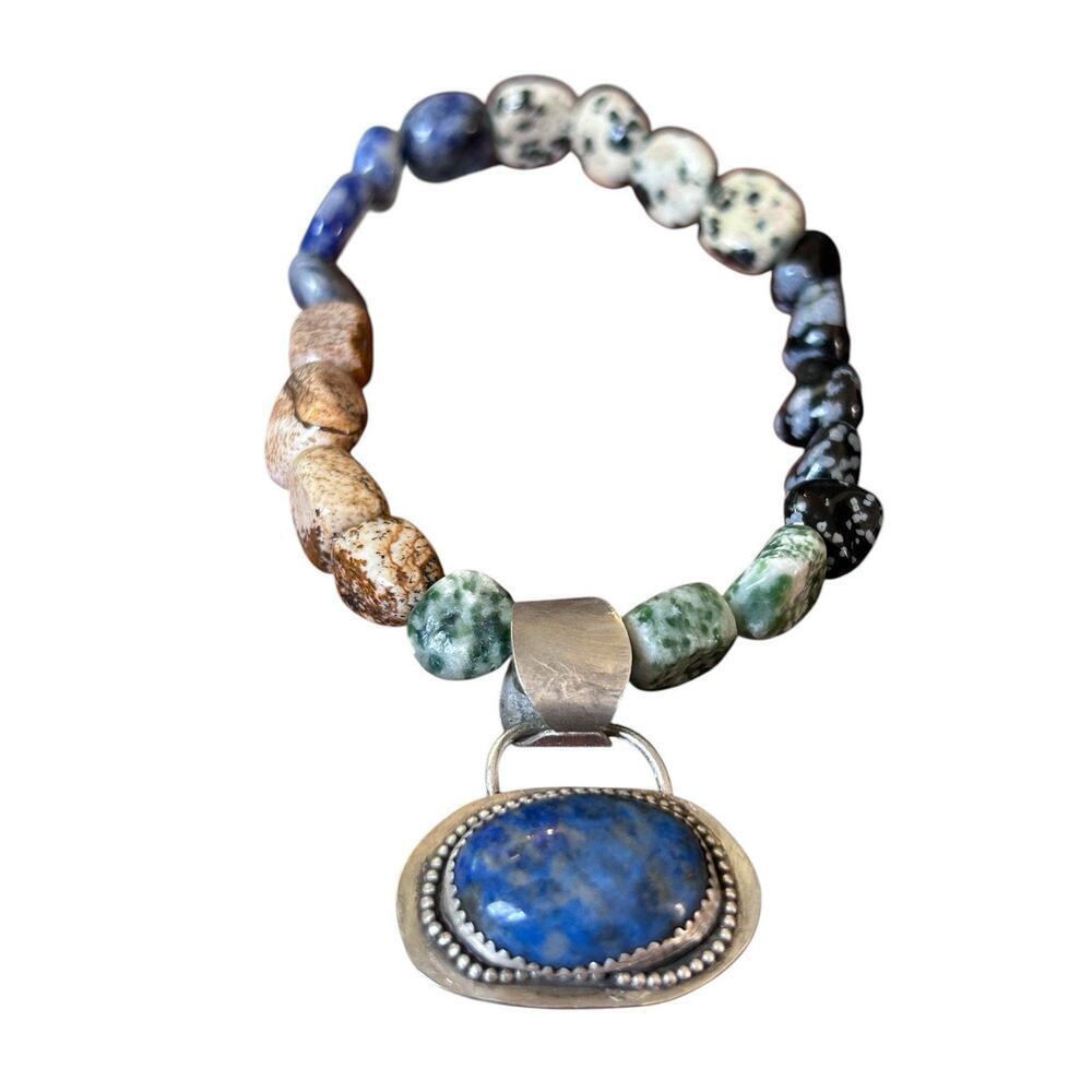 Lapis Dalmatian Jasper Picture Jasper Silver Stretchy Bracelet Hand Strung